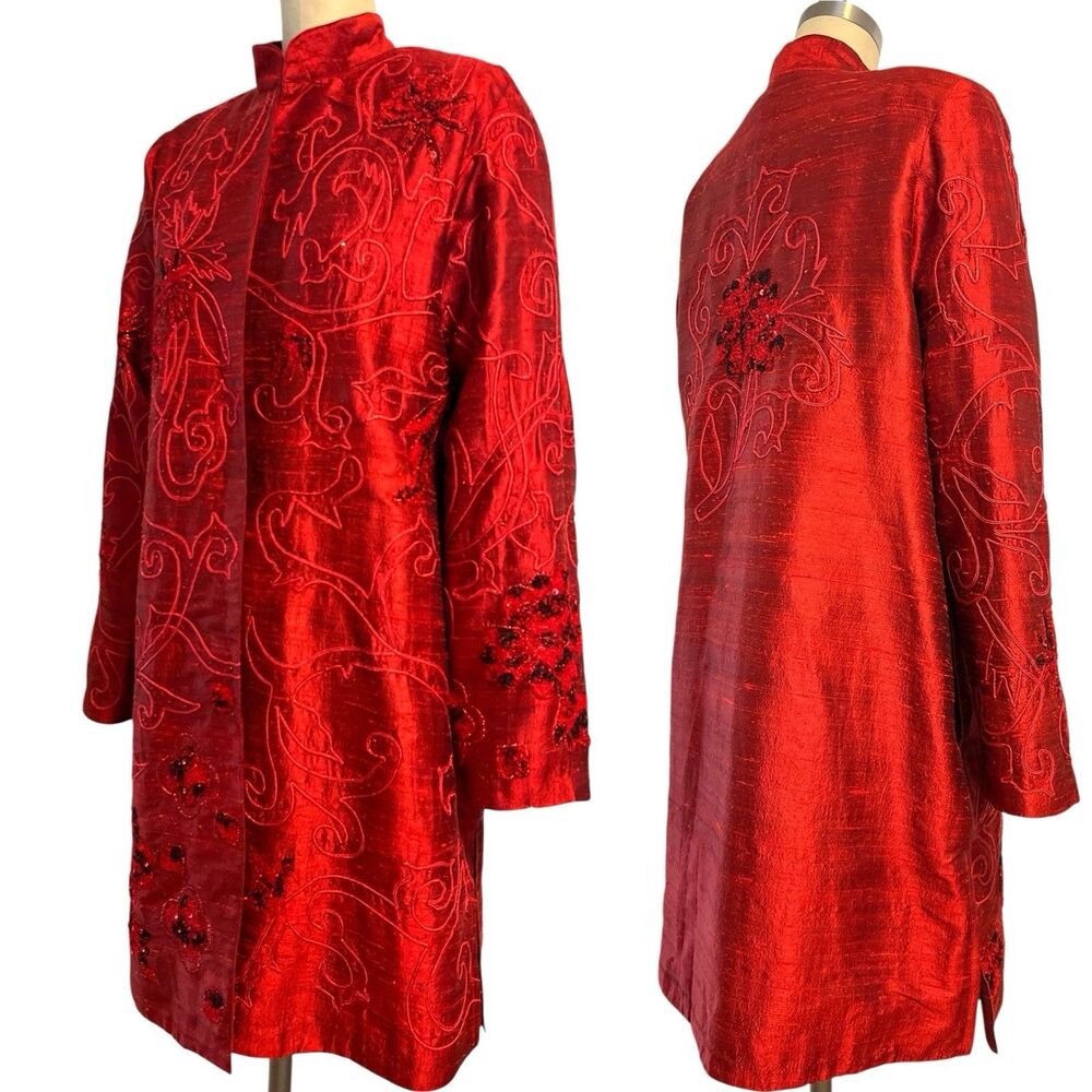 VTG 1980s 100% Silk Red Jacket Topper Sz L Embroidery Sequin Pockets Soutache